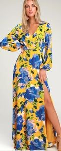 Lulus Yellow & Blue Floral Maxi Long Sleeve L